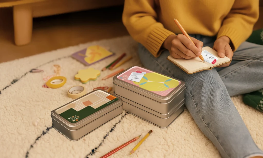 Customized tinplate box with handwritten note design to create a warm opening experience.