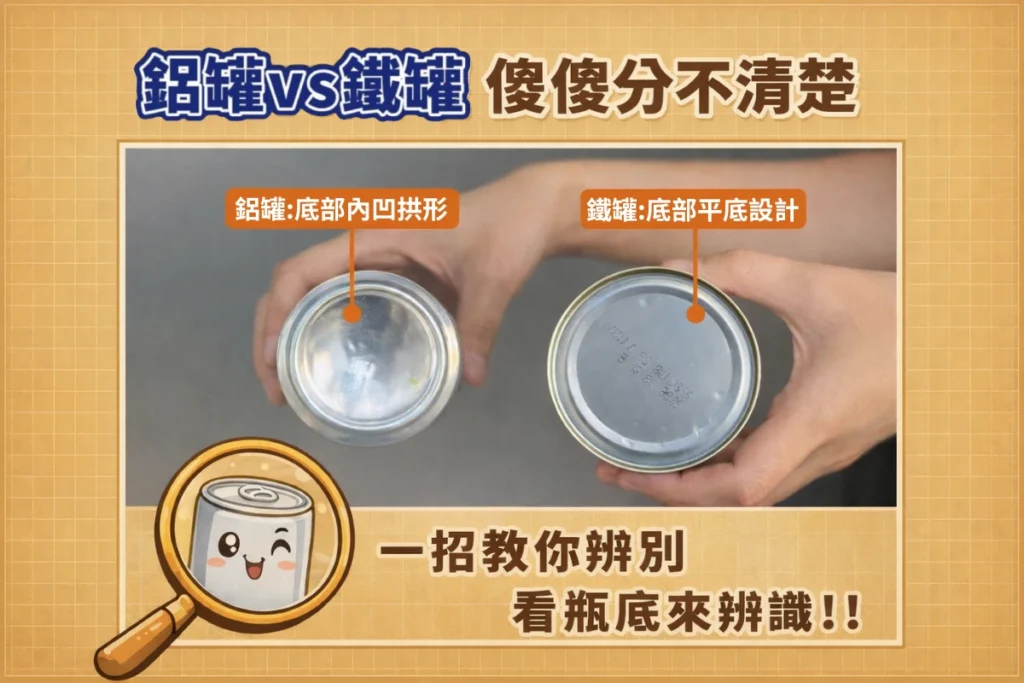 金屬罐底部是否內凹,就是最簡單判別鐵鋁罐的方式喔!